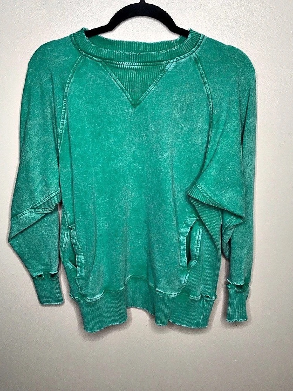 Zenana Washed French Terry Pullover With Side Pockets Green Sweatshirt Sz Medium